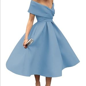 Dusty Blue tea length dress with lace up back. Never worn.